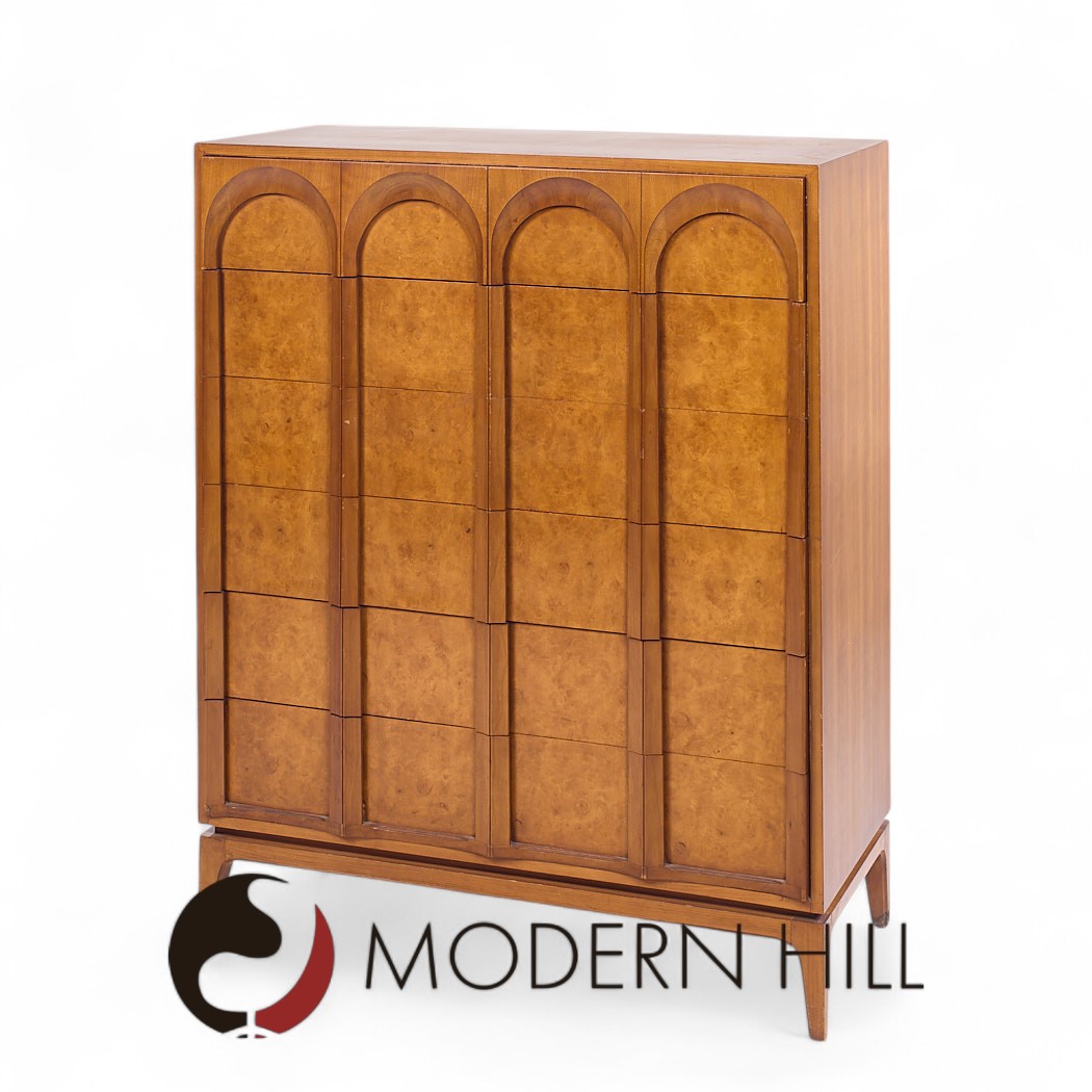 Thomasville Mid Century Sculptural Arched Walnut and Burlwood Highboy Dresser