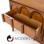 Thomasville Mid Century Sculptural Arched Walnut and Burlwood Lowboy Dresser | Mid Century Modern Furniture - Mid Century Furniture Chicago Thomasville Mid Century Sculptural Arched Walnut and Burlwood Lowboy Dresser