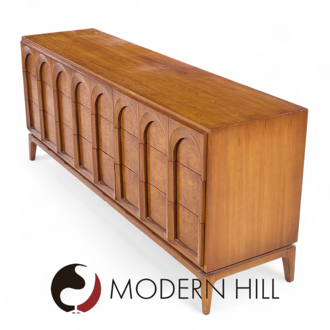 Thomasville Mid Century Sculptural Arched Walnut and Burlwood Lowboy Dresser