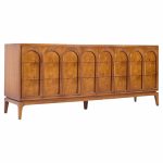 Thomasville Mid Century Sculptural Arched Walnut and Burlwood Lowboy Dresser | Mid Century Modern Furniture - Mid Century Furniture Chicago Thomasville Mid Century Sculptural Arched Walnut and Burlwood Lowboy Dresser