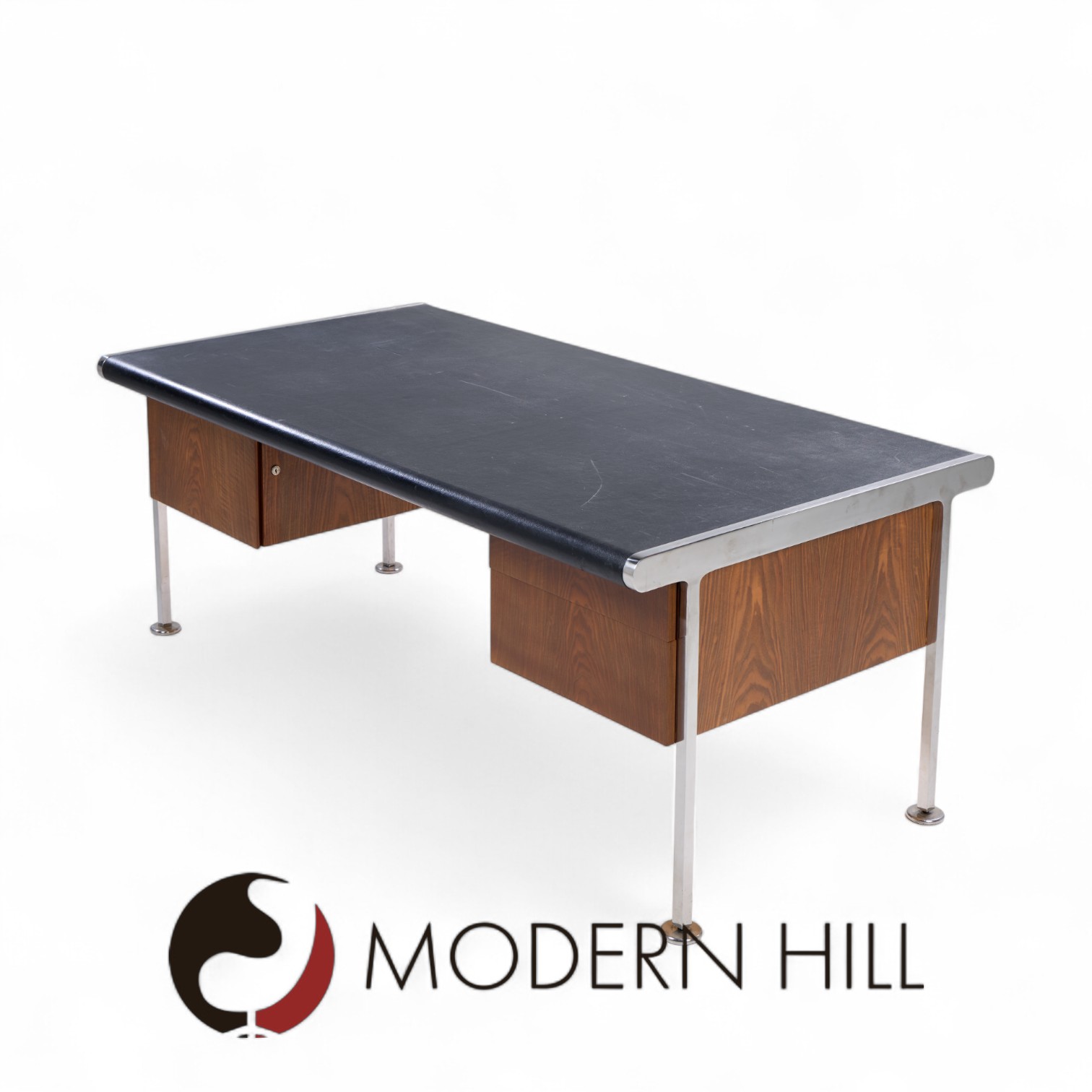 Alma Style Mid Century Leather and Chrome Executive Desk