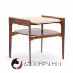 Bertha Schaefer for Singer & Sons Mid Century Sculpted Travertine and Walnut End Tables - Pair