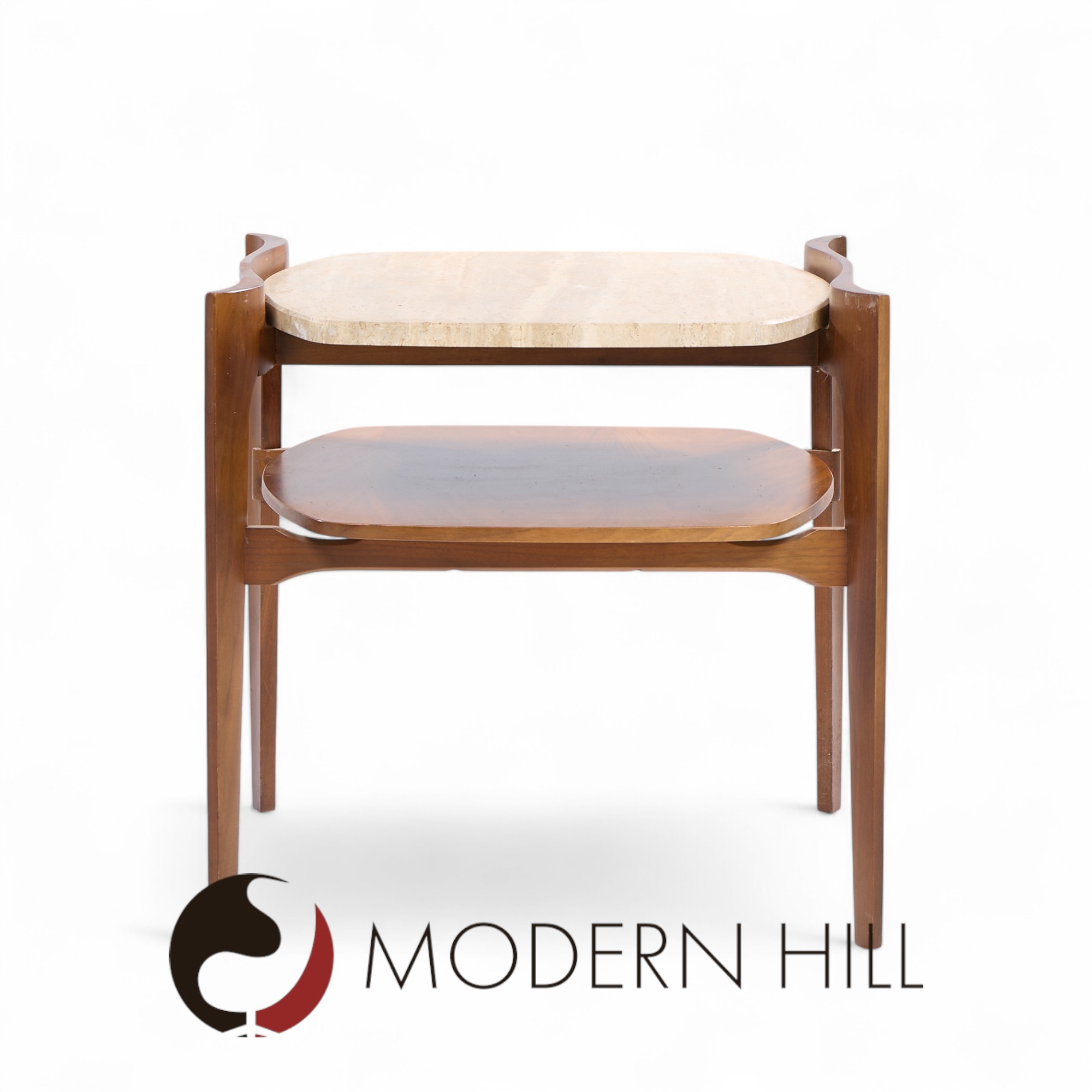 Bertha Schaefer for Singer & Sons Mid Century Sculpted Travertine and Walnut End Tables - Pair