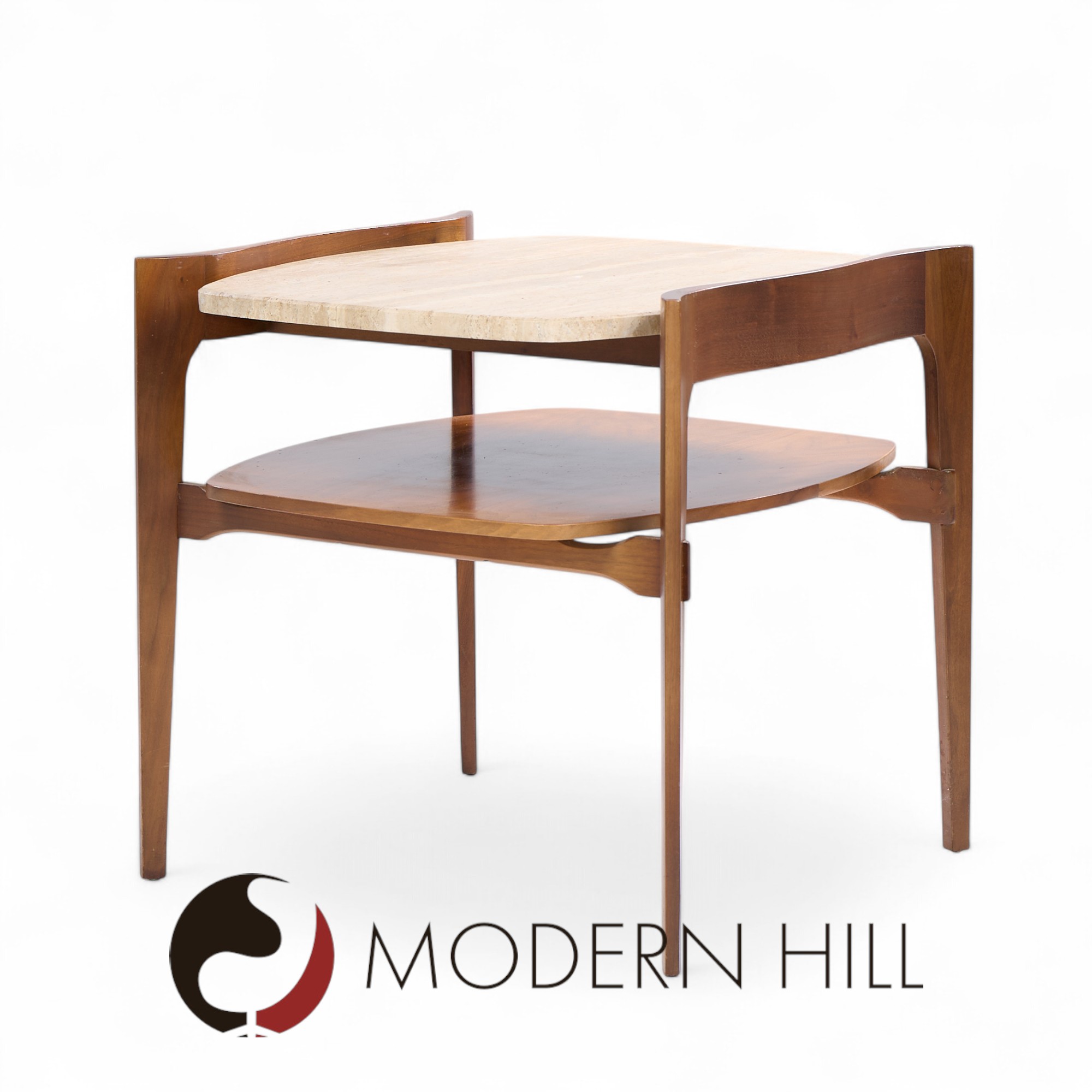 Bertha Schaefer for Singer & Sons Mid Century Sculpted Travertine and Walnut End Tables - Pair