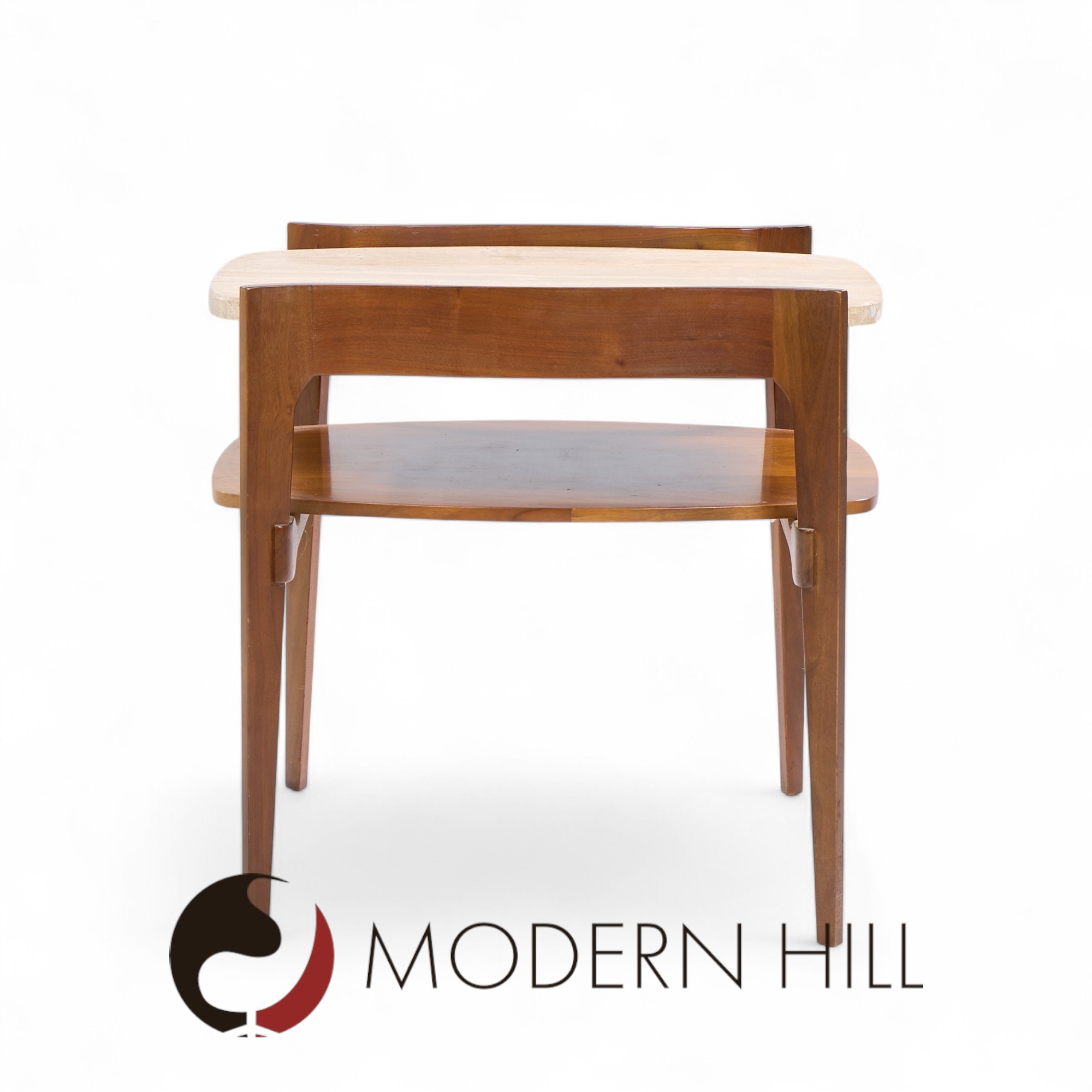 Bertha Schaefer for Singer & Sons Mid Century Sculpted Travertine and Walnut End Tables - Pair