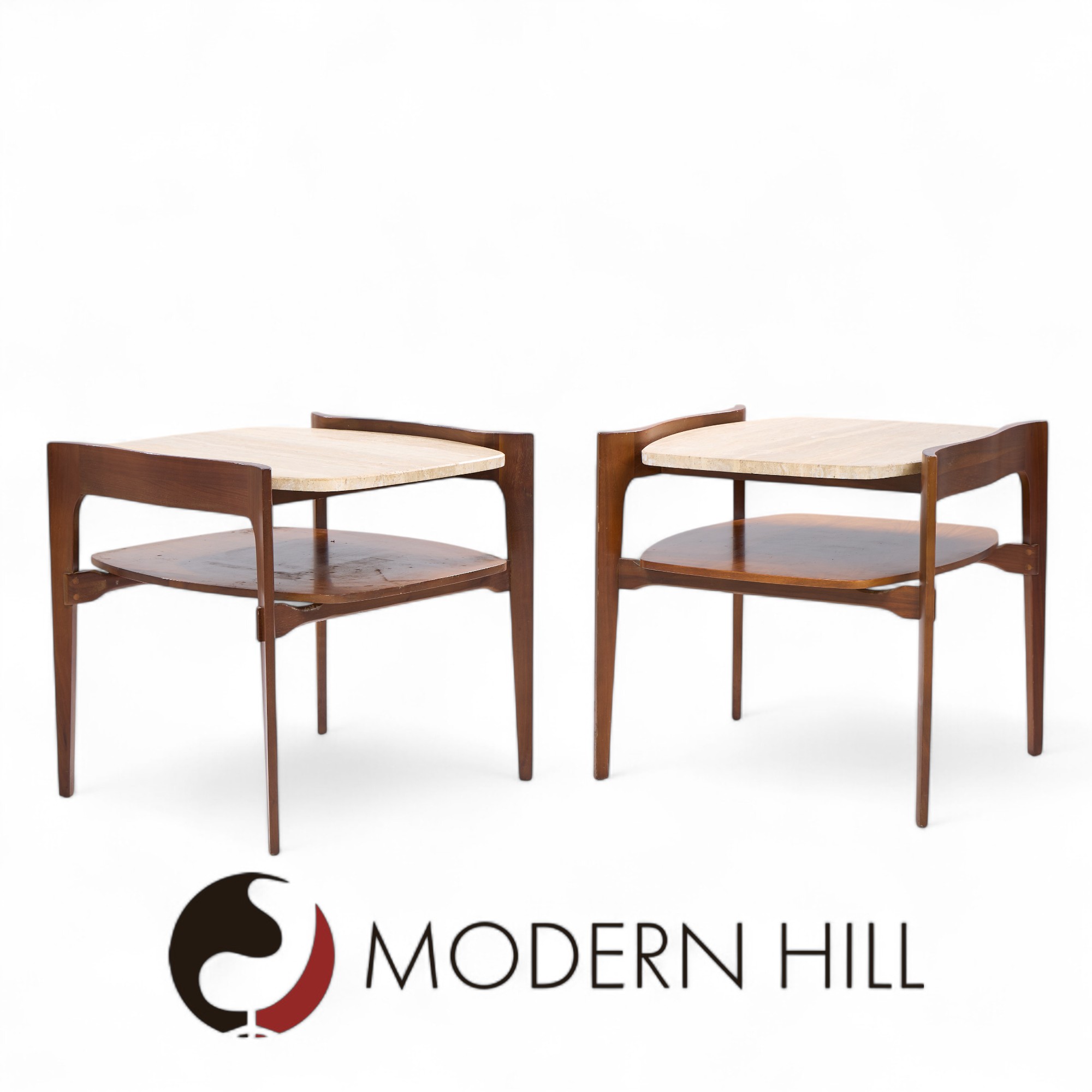 Bertha Schaefer for Singer & Sons Mid Century Sculpted Travertine and Walnut End Tables - Pair