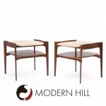 Bertha Schaefer for Singer & Sons Mid Century Sculpted Travertine and Walnut End Tables - Pair