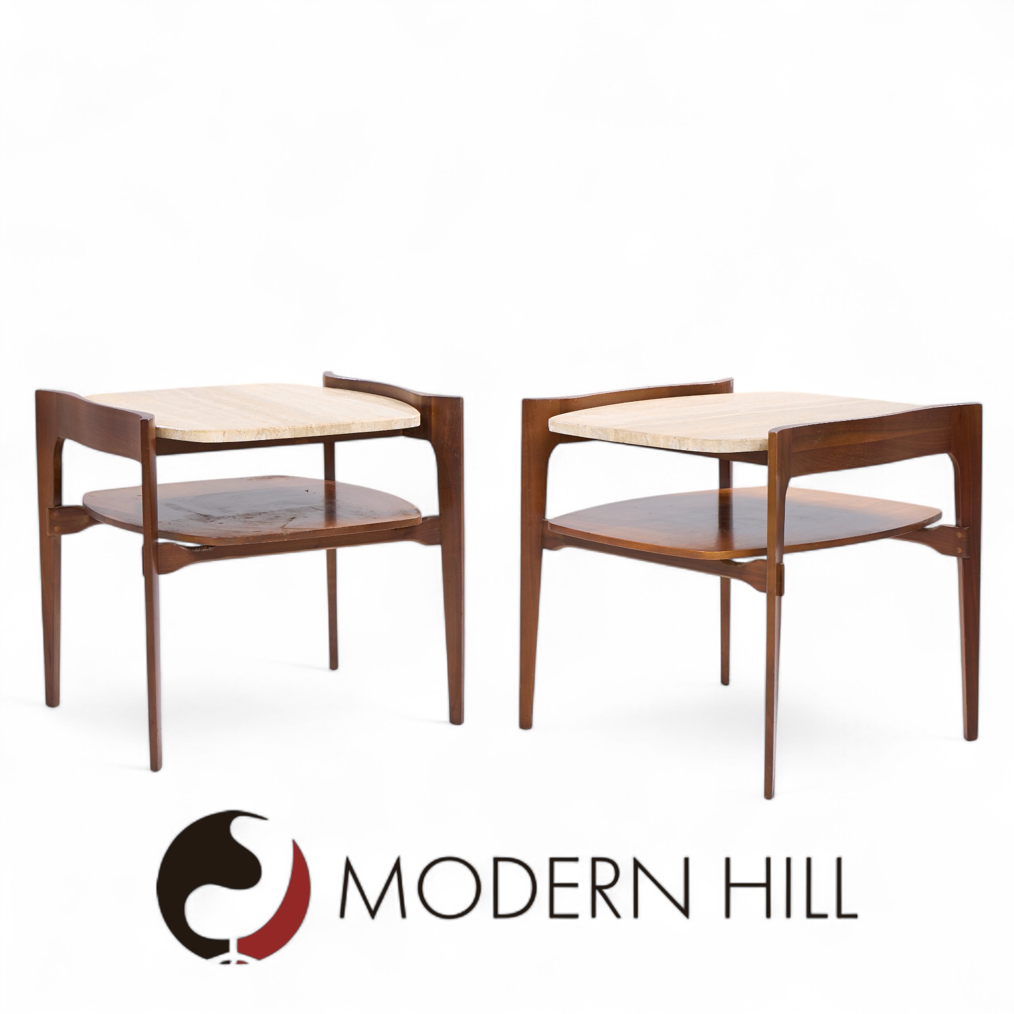 Bertha Schaefer for Singer & Sons Mid Century Sculpted Travertine and Walnut End Tables - Pair