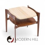 Bertha Schaefer for Singer & Sons Mid Century Sculpted Travertine and Walnut End Tables - Pair