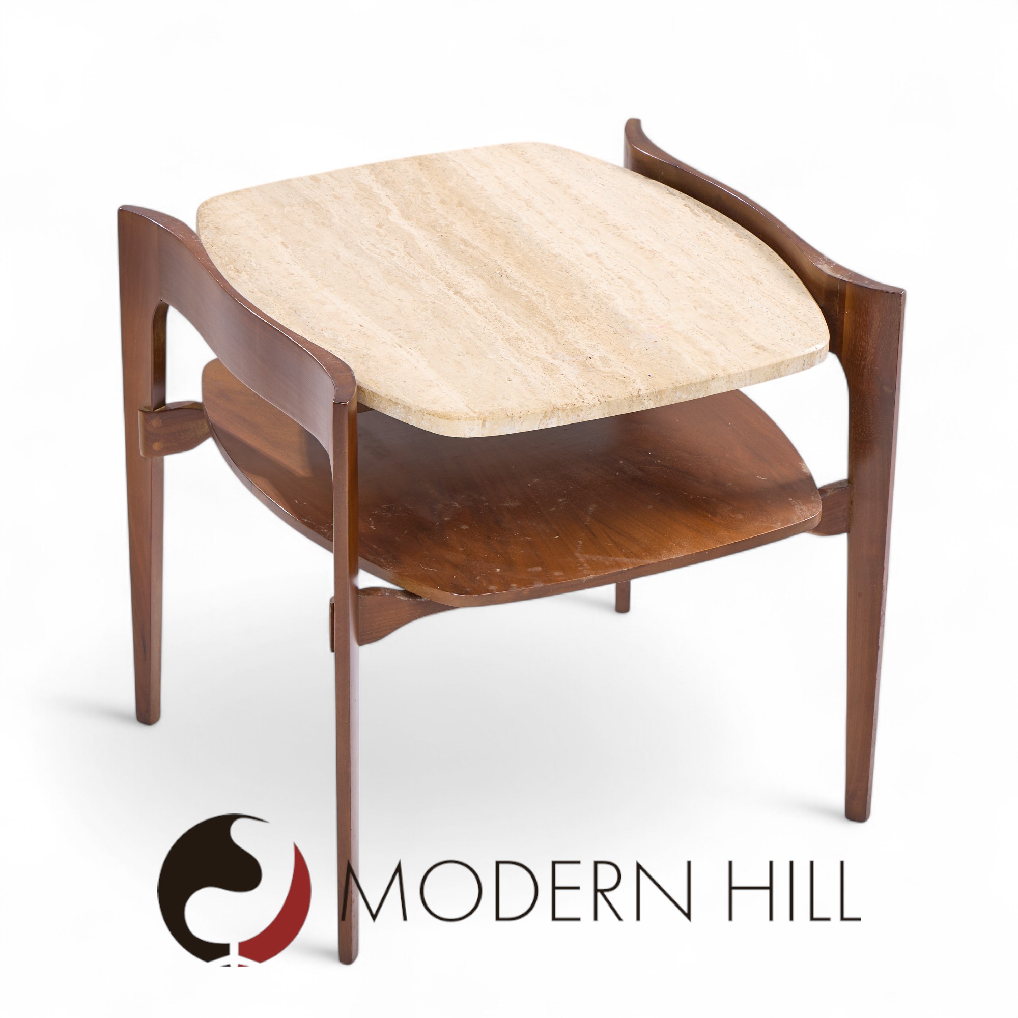 Bertha Schaefer for Singer & Sons Mid Century Sculpted Travertine and Walnut End Tables - Pair