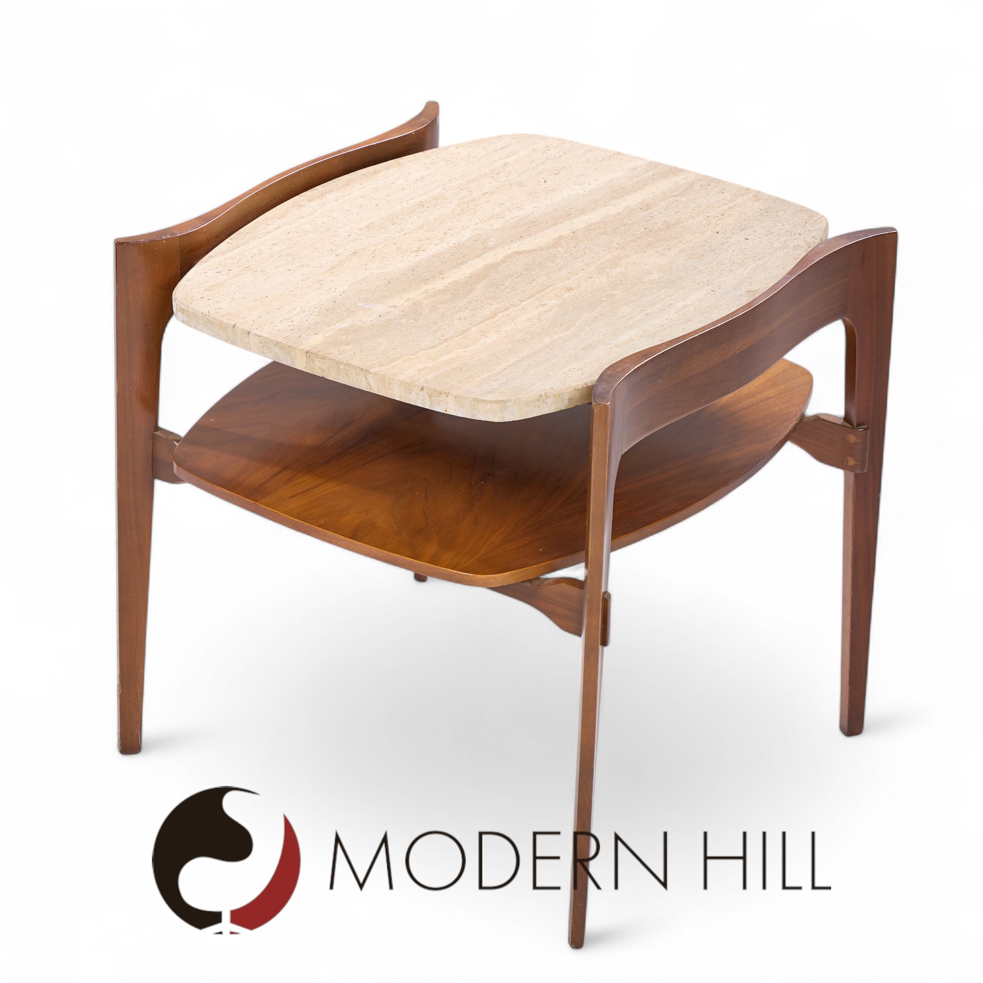 Bertha Schaefer for Singer & Sons Mid Century Sculpted Travertine and Walnut End Tables - Pair