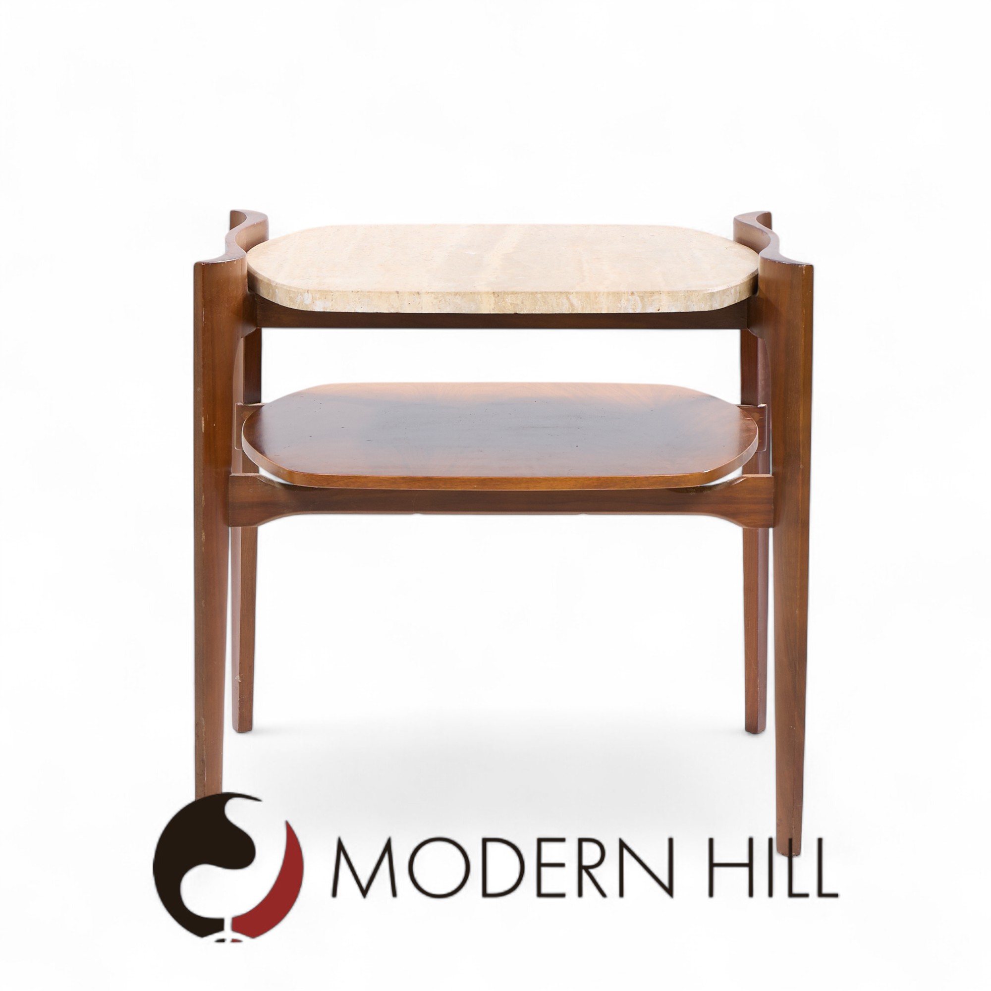 Bertha Schaefer for Singer & Sons Mid Century Sculpted Travertine and Walnut End Tables - Pair