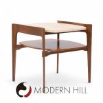 Bertha Schaefer for Singer & Sons Mid Century Sculpted Travertine and Walnut End Tables - Pair