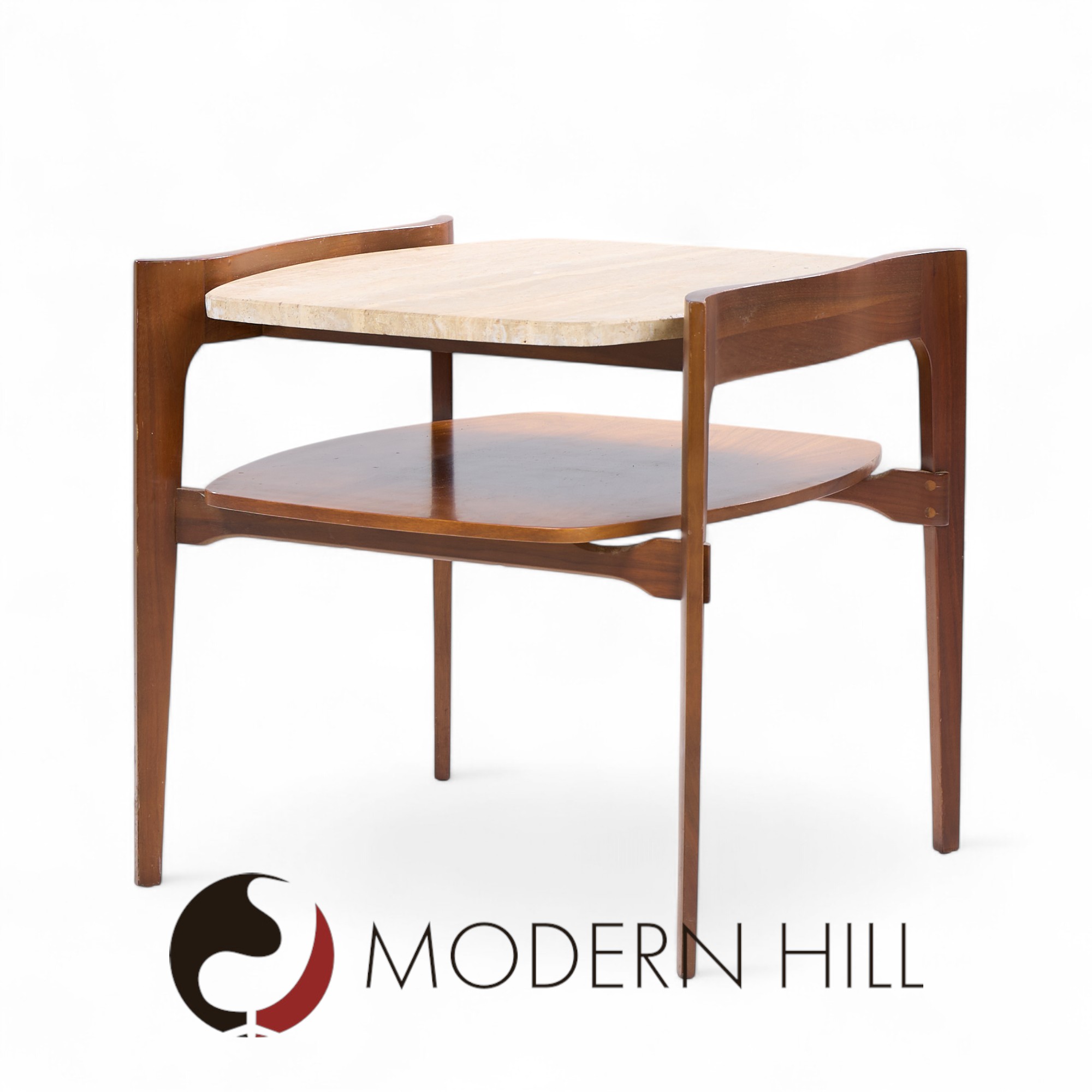 Bertha Schaefer for Singer & Sons Mid Century Sculpted Travertine and Walnut End Tables - Pair