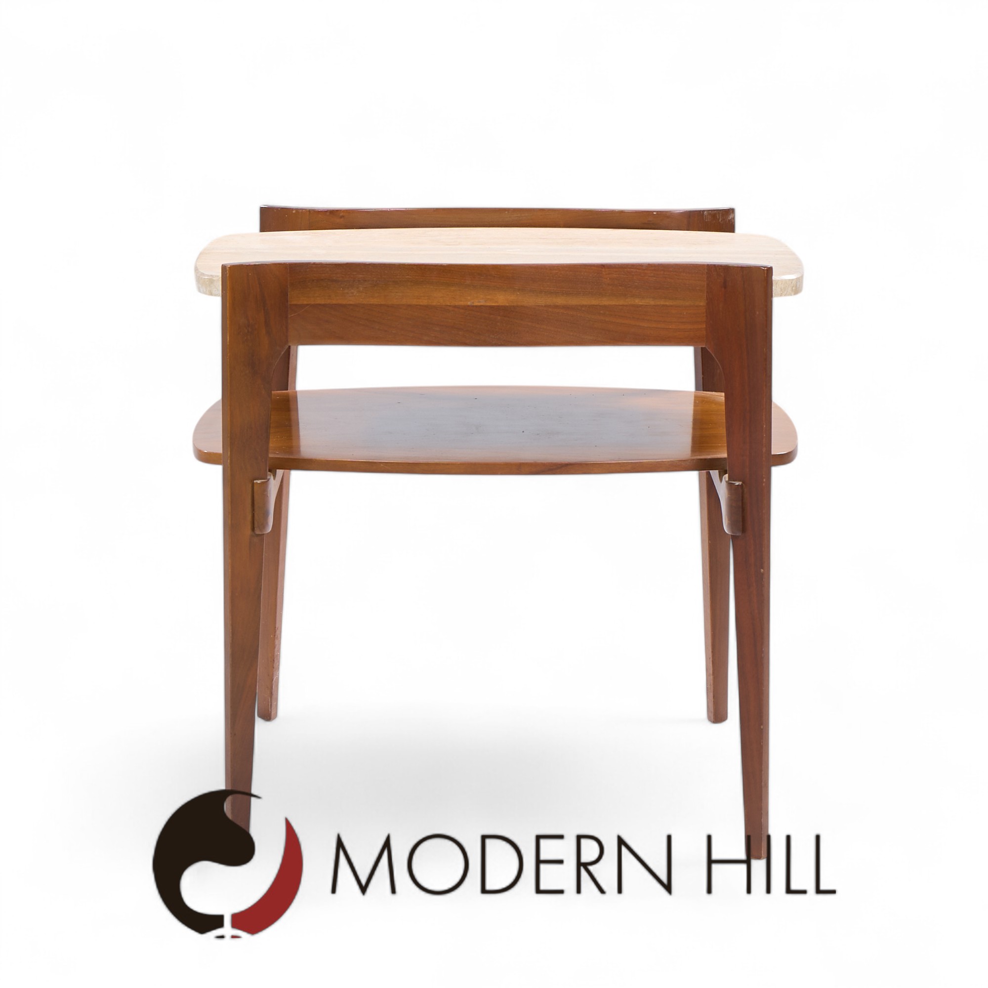 Bertha Schaefer for Singer & Sons Mid Century Sculpted Travertine and Walnut End Tables - Pair