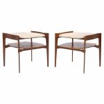 Bertha Schaefer for Singer & Sons Mid Century Sculpted Travertine and Walnut End Tables - Pair