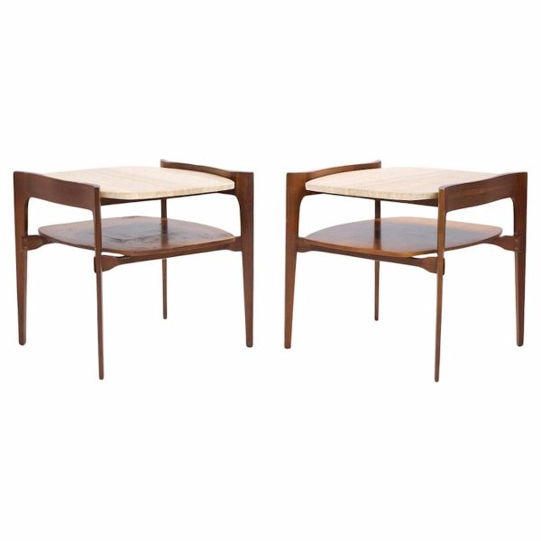 Bertha Schaefer for Singer & Sons Mid Century Sculpted Travertine and Walnut End Tables - Pair