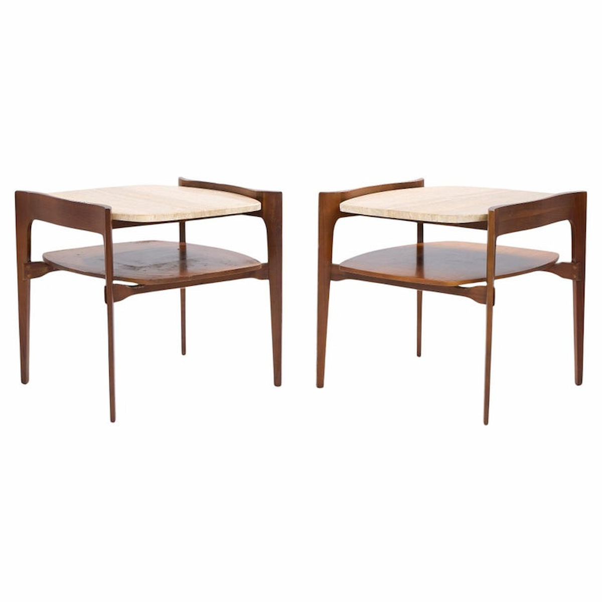 Bertha Schaefer for Singer & Sons Mid Century Sculpted Travertine and Walnut End Tables - Pair