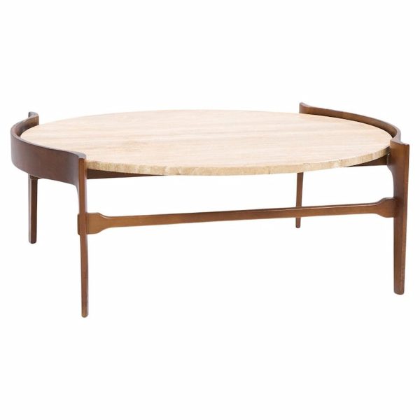Bertha Schaefer for Singer and Sons Mid Century Travertine and Walnut Coffee Table