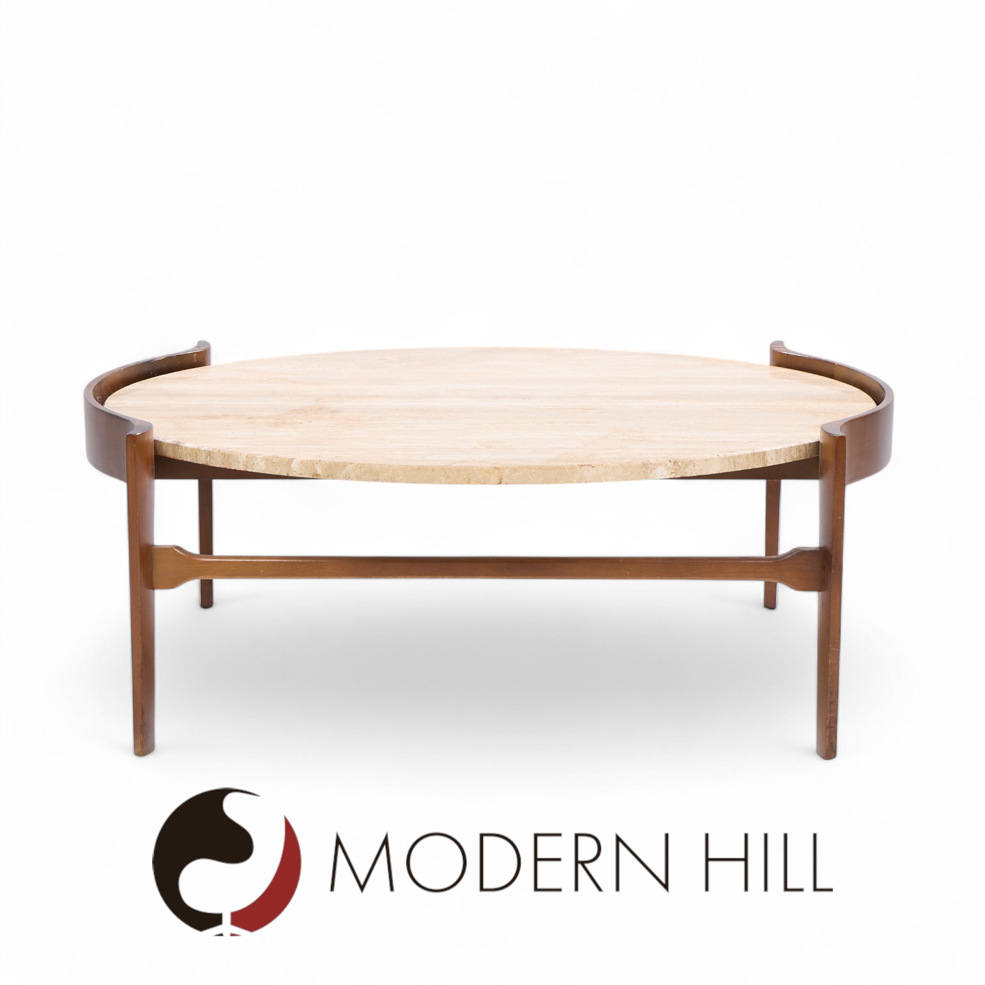 Bertha Schaefer for Singer and Sons Mid Century Travertine and Walnut Coffee Table