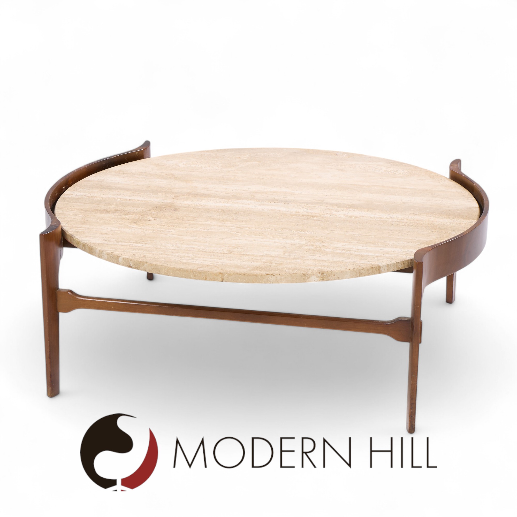 Bertha Schaefer for Singer and Sons Mid Century Travertine and Walnut Coffee Table