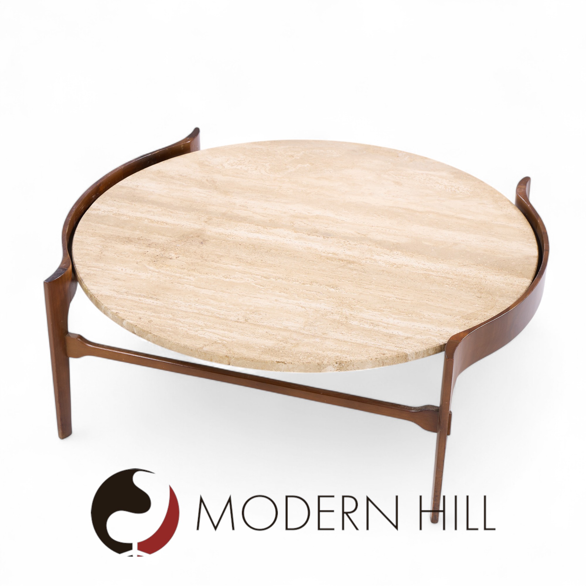 Bertha Schaefer for Singer and Sons Mid Century Travertine and Walnut Coffee Table