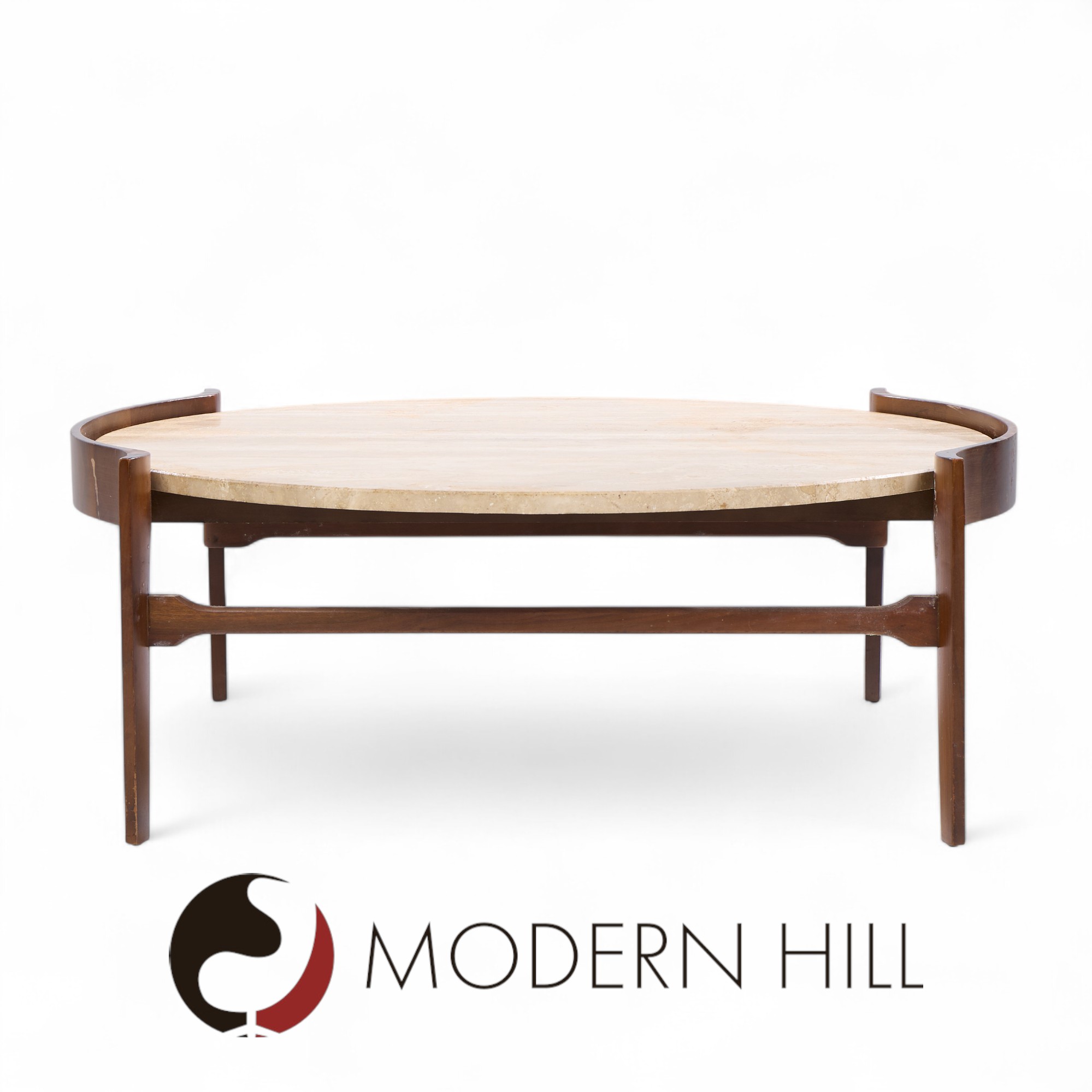 Bertha Schaefer for Singer and Sons Mid Century Travertine and Walnut Coffee Table