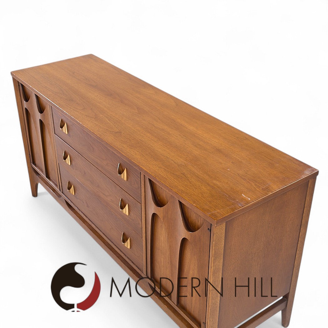 Broyhill Brasilia Mid Century Walnut and Brass Credenza and Hutch