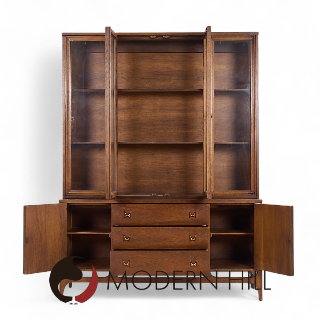 Broyhill Brasilia Mid Century Walnut and Brass Credenza and Hutch