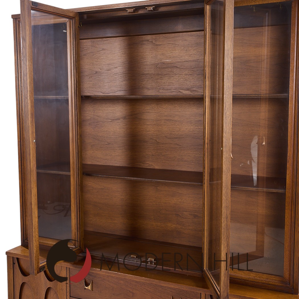 Broyhill Brasilia Mid Century Walnut and Brass Credenza and Hutch