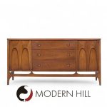 Broyhill Brasilia Mid Century Walnut and Brass Credenza and Hutch
