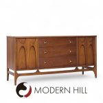 Broyhill Brasilia Mid Century Walnut and Brass Credenza and Hutch