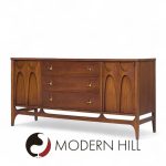 Broyhill Brasilia Mid Century Walnut and Brass Credenza and Hutch