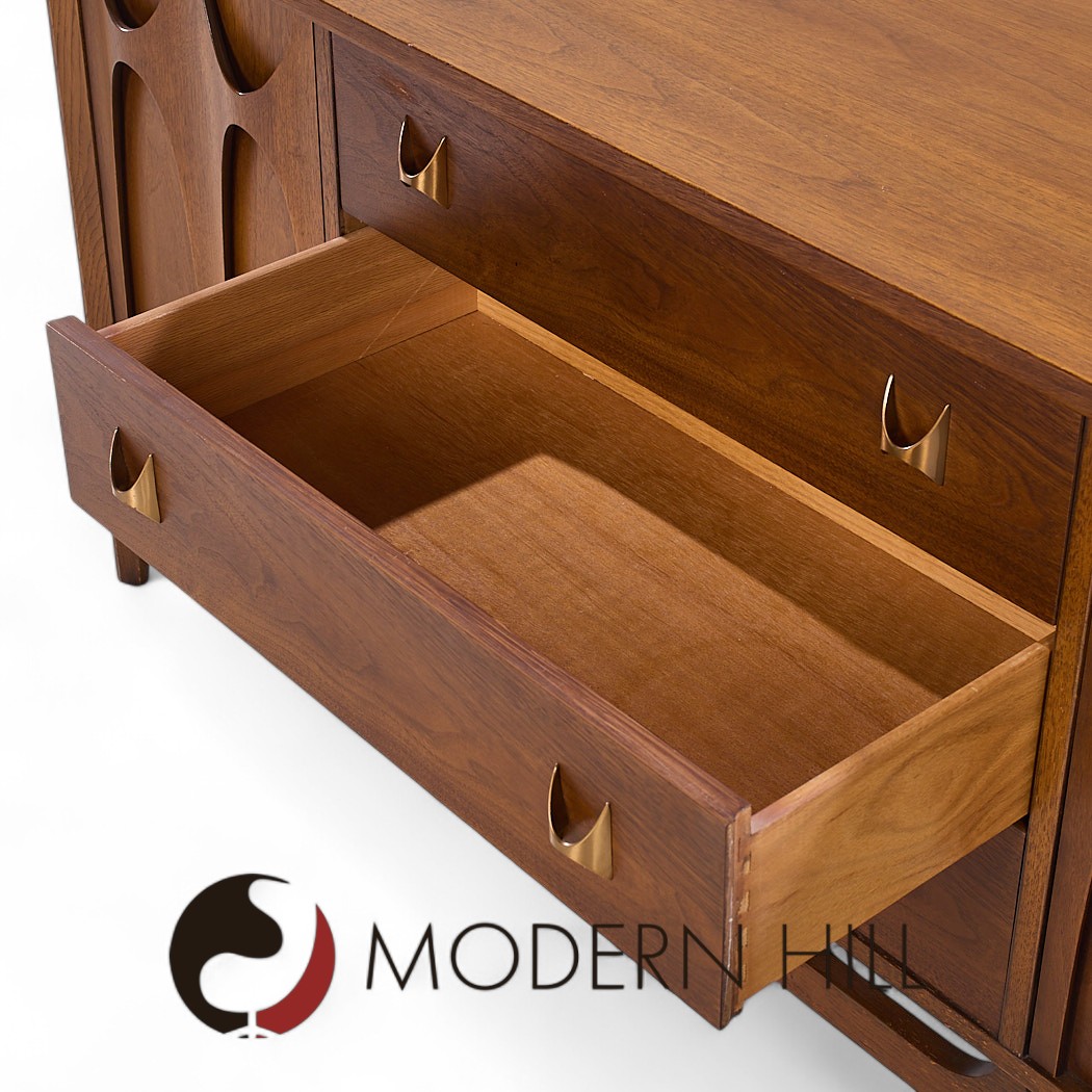 Broyhill Brasilia Mid Century Walnut and Brass Credenza and Hutch