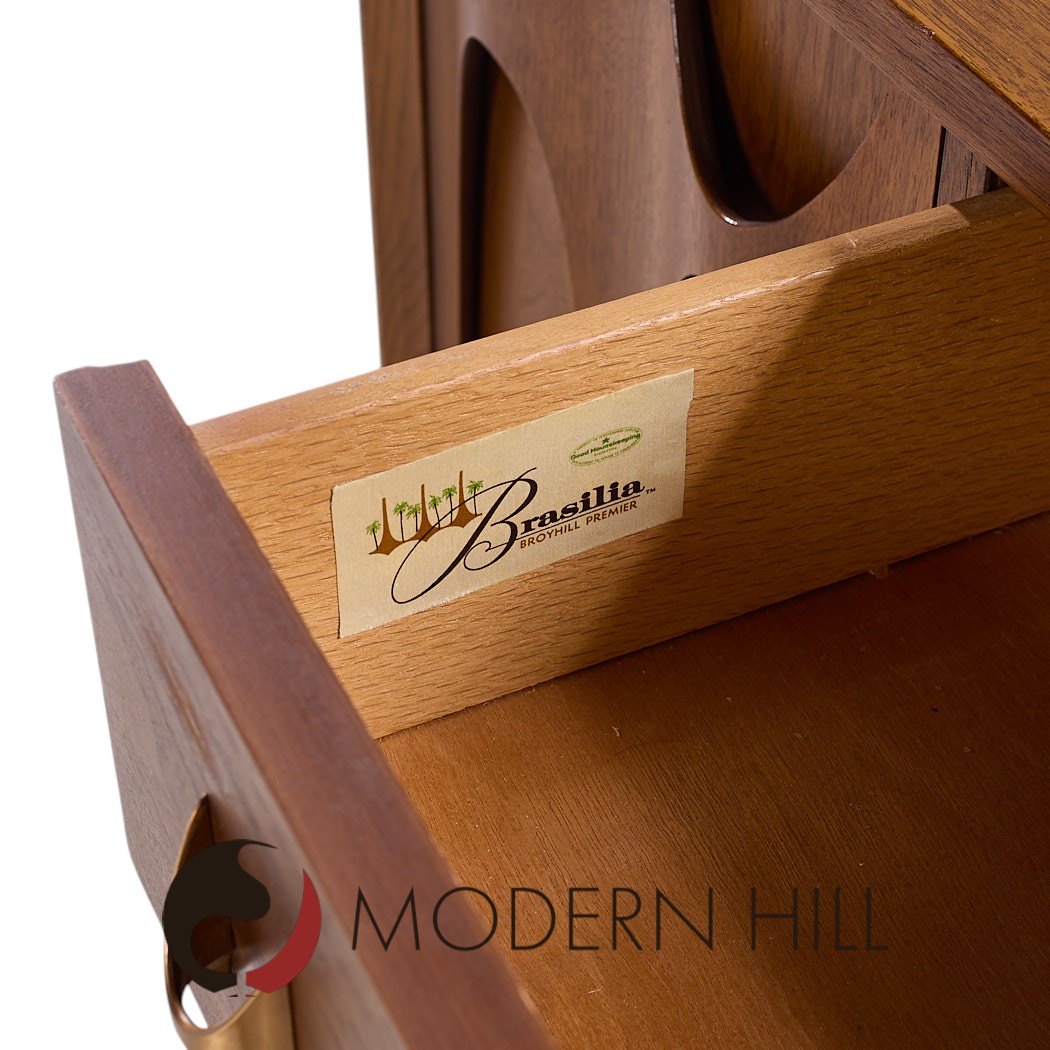 Broyhill Brasilia Mid Century Walnut and Brass Credenza and Hutch