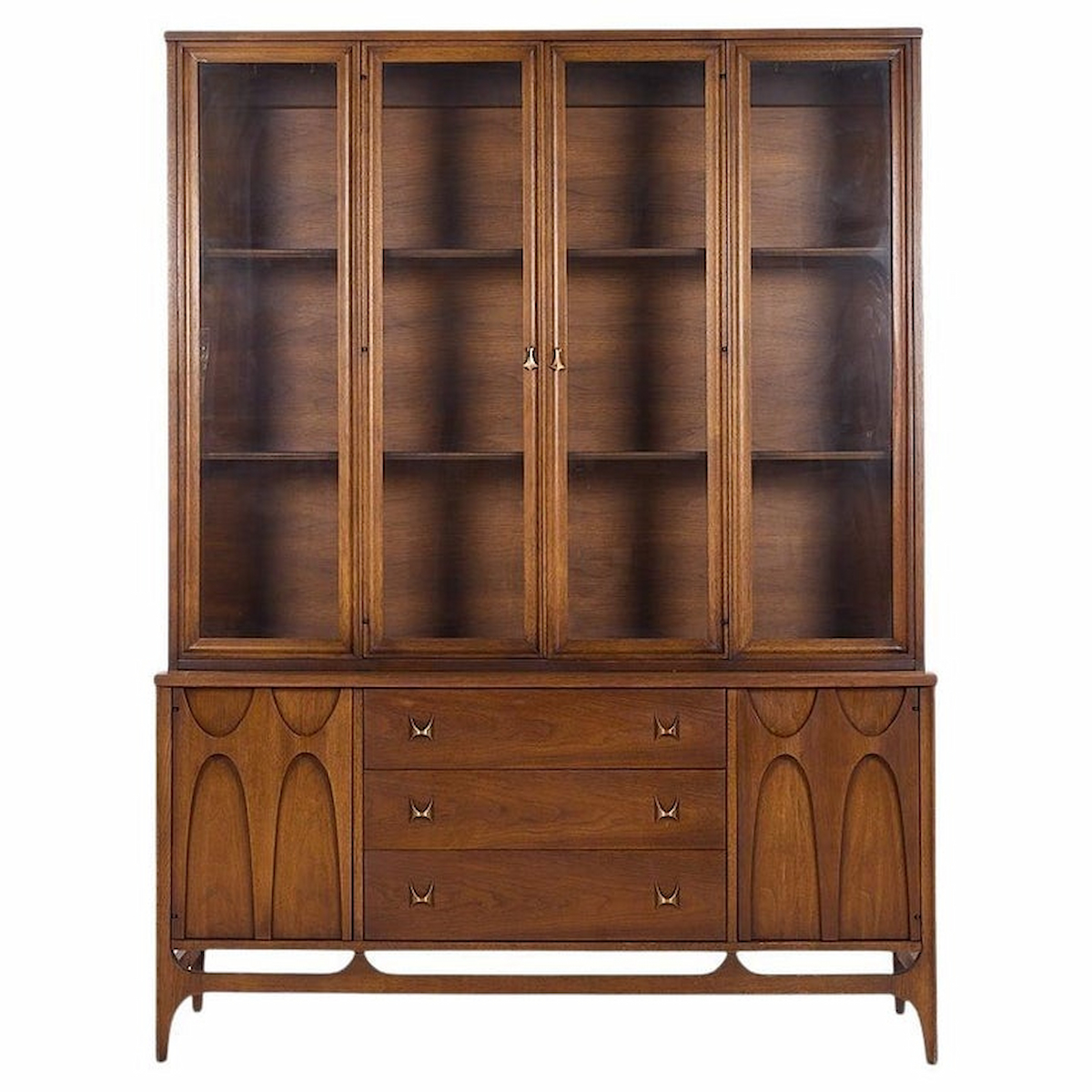 Broyhill Brasilia Mid Century Walnut and Brass Credenza and Hutch