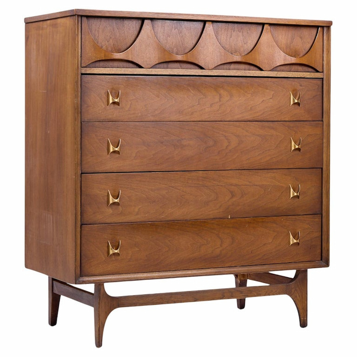Broyhill Brasilia Mid Century Walnut and Brass Highboy Dresser