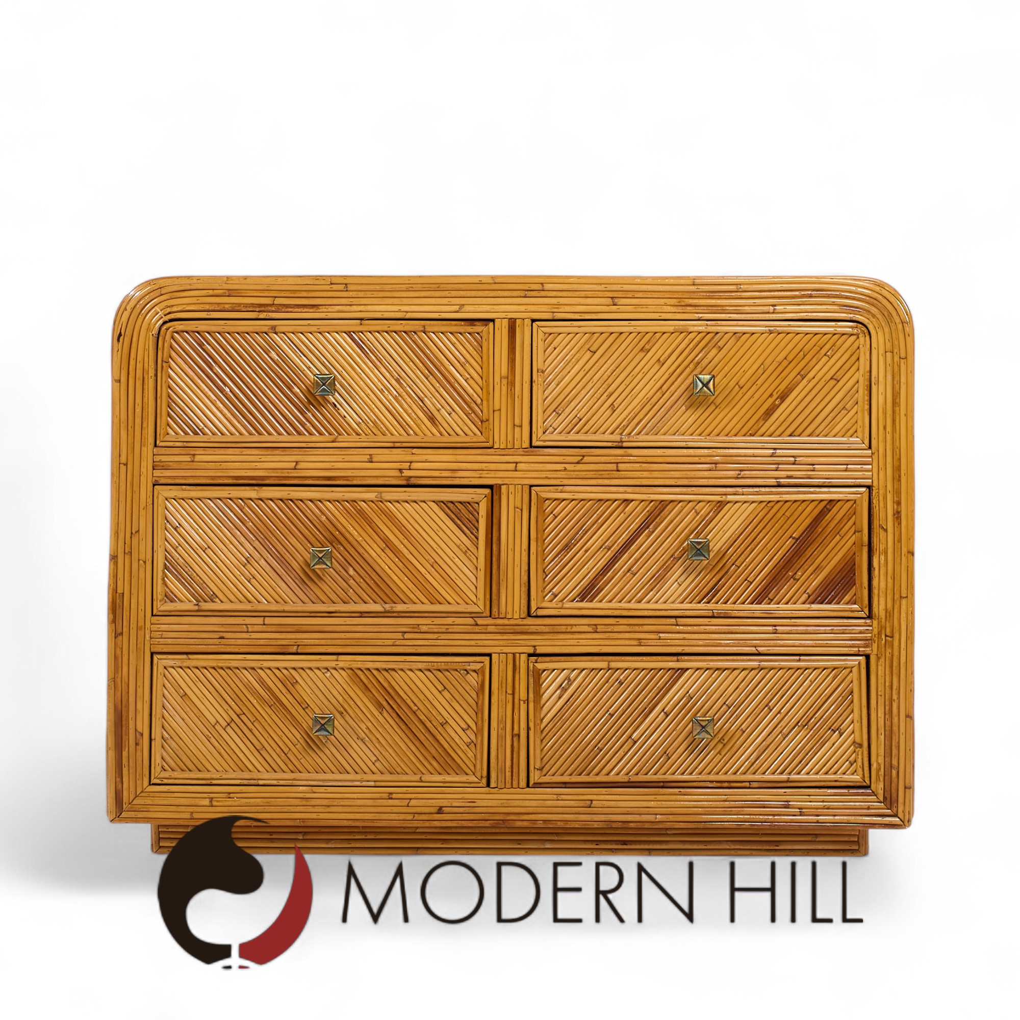 Gabriella Crespi Style Split Reed Bamboo 6 Drawer Lowboy Dresser