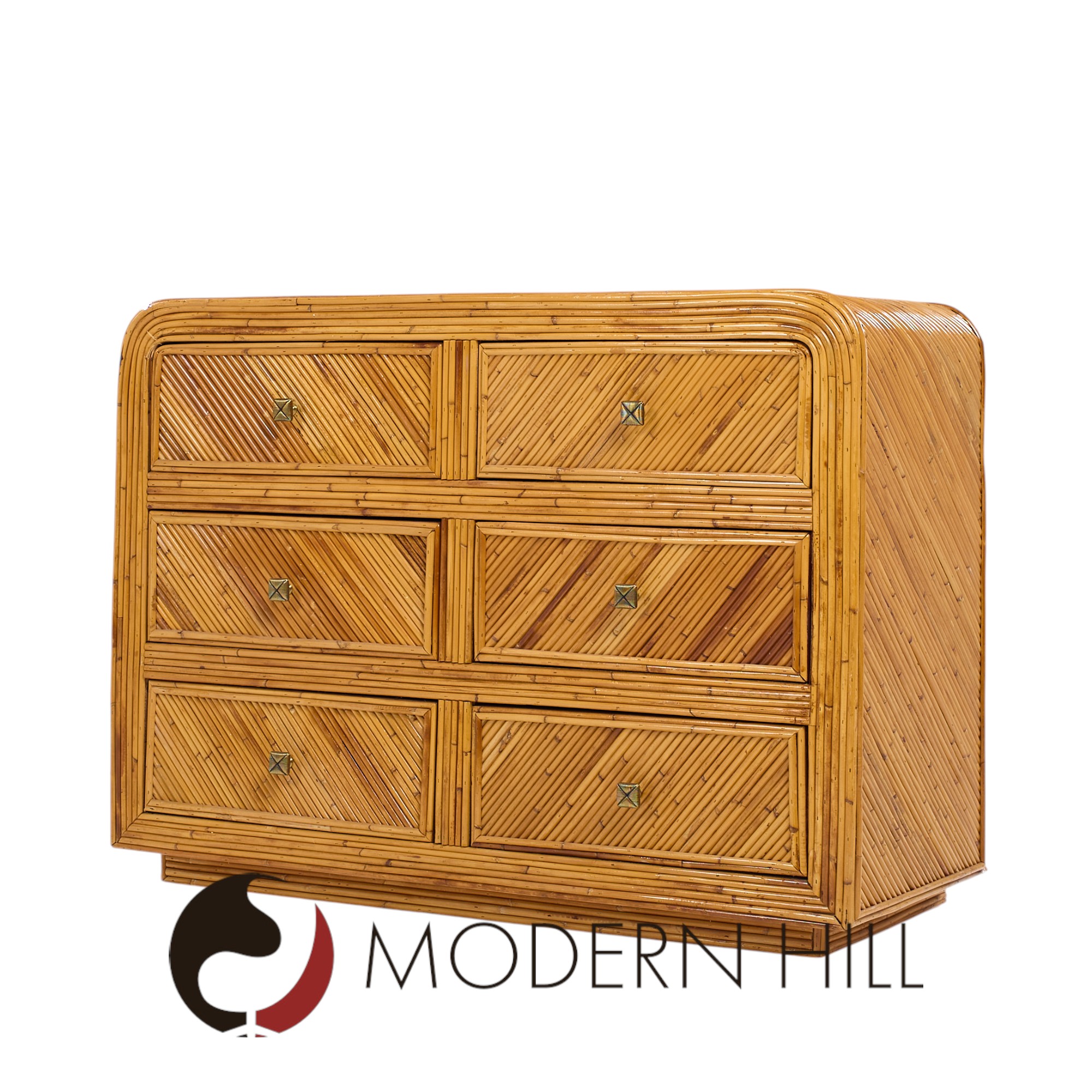 Gabriella Crespi Style Split Reed Bamboo 6 Drawer Lowboy Dresser