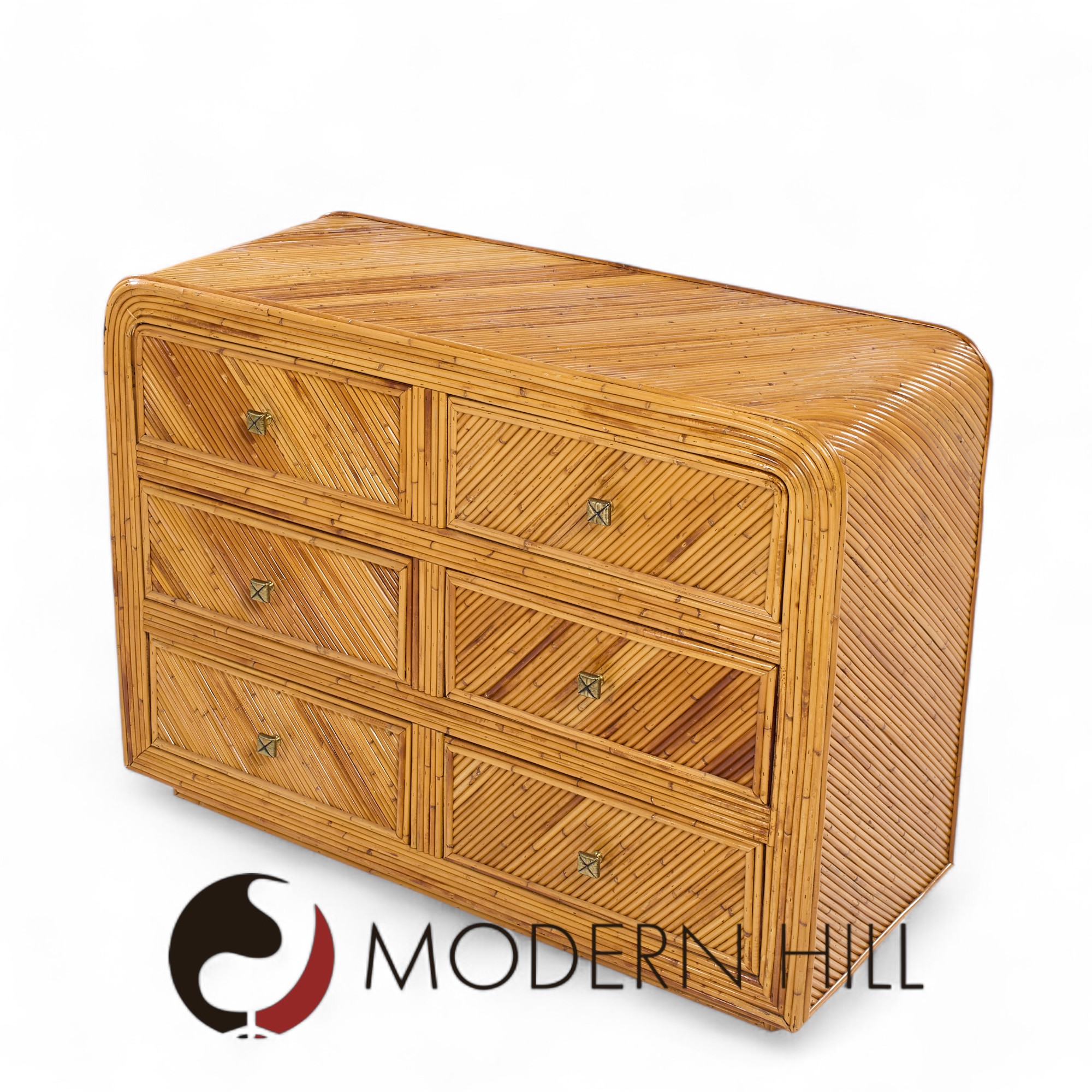 Gabriella Crespi Style Split Reed Bamboo 6 Drawer Lowboy Dresser