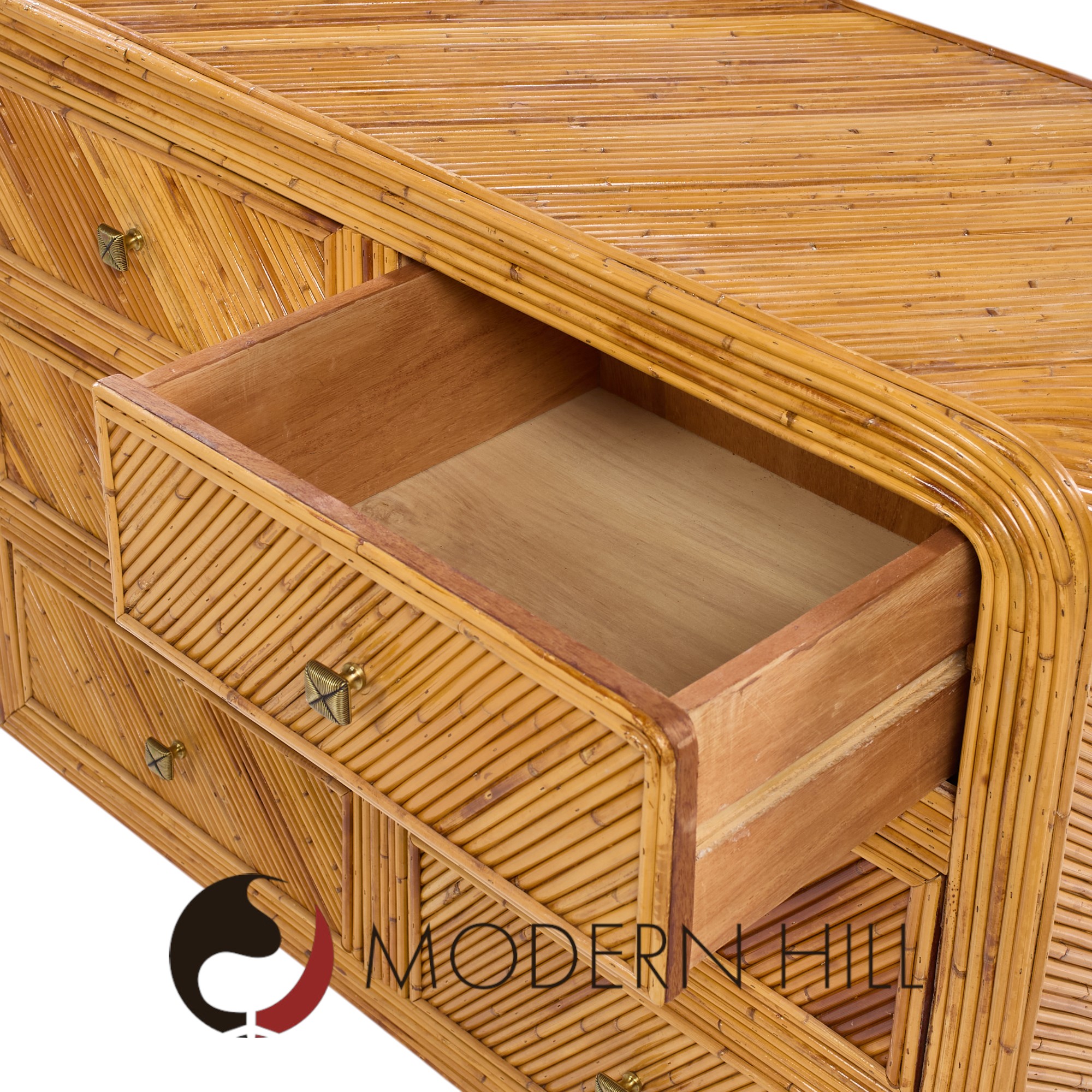 Gabriella Crespi Style Split Reed Bamboo 6 Drawer Lowboy Dresser