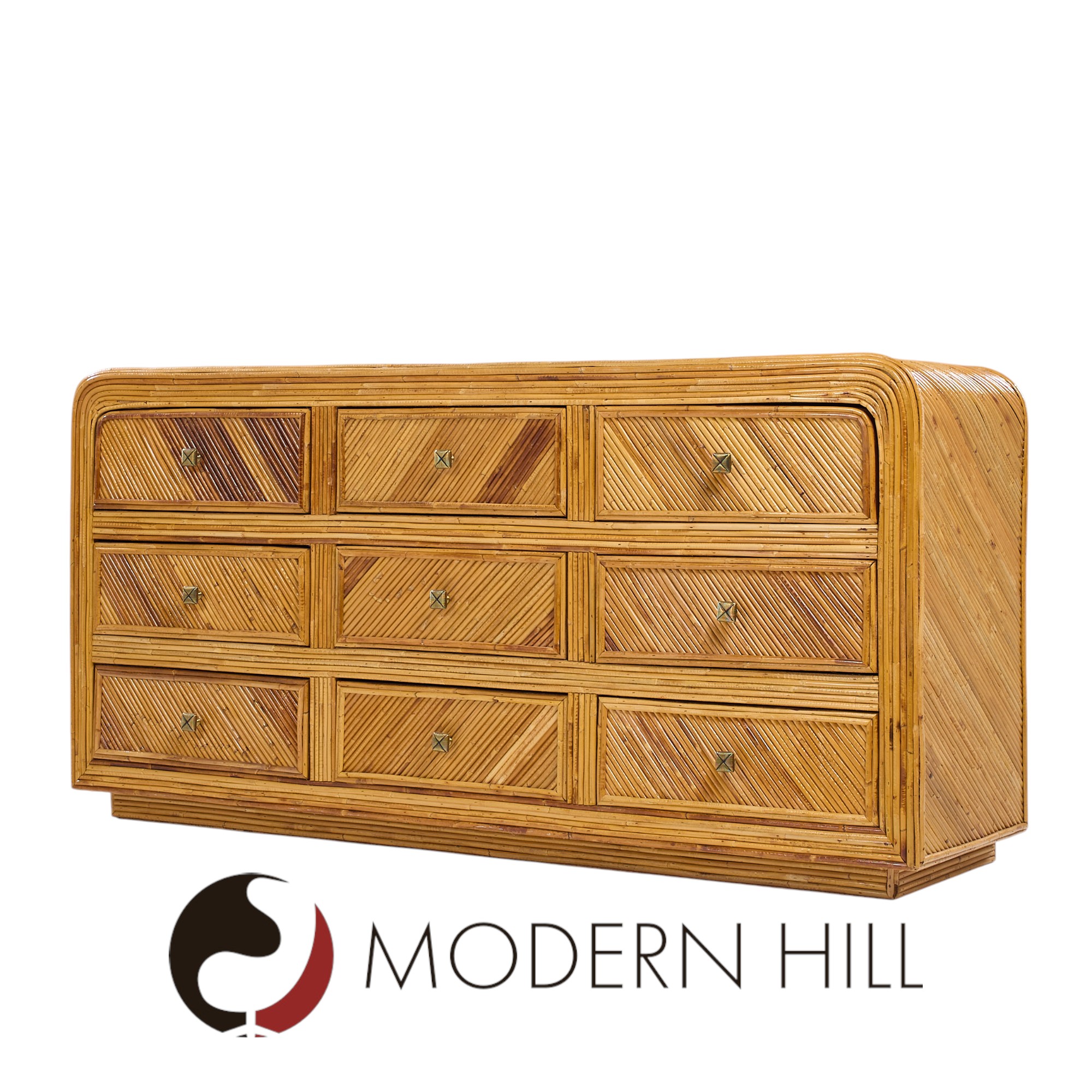 Gabriella Crespi Style Split Reed Bamboo 9 Drawer Lowboy Dresser