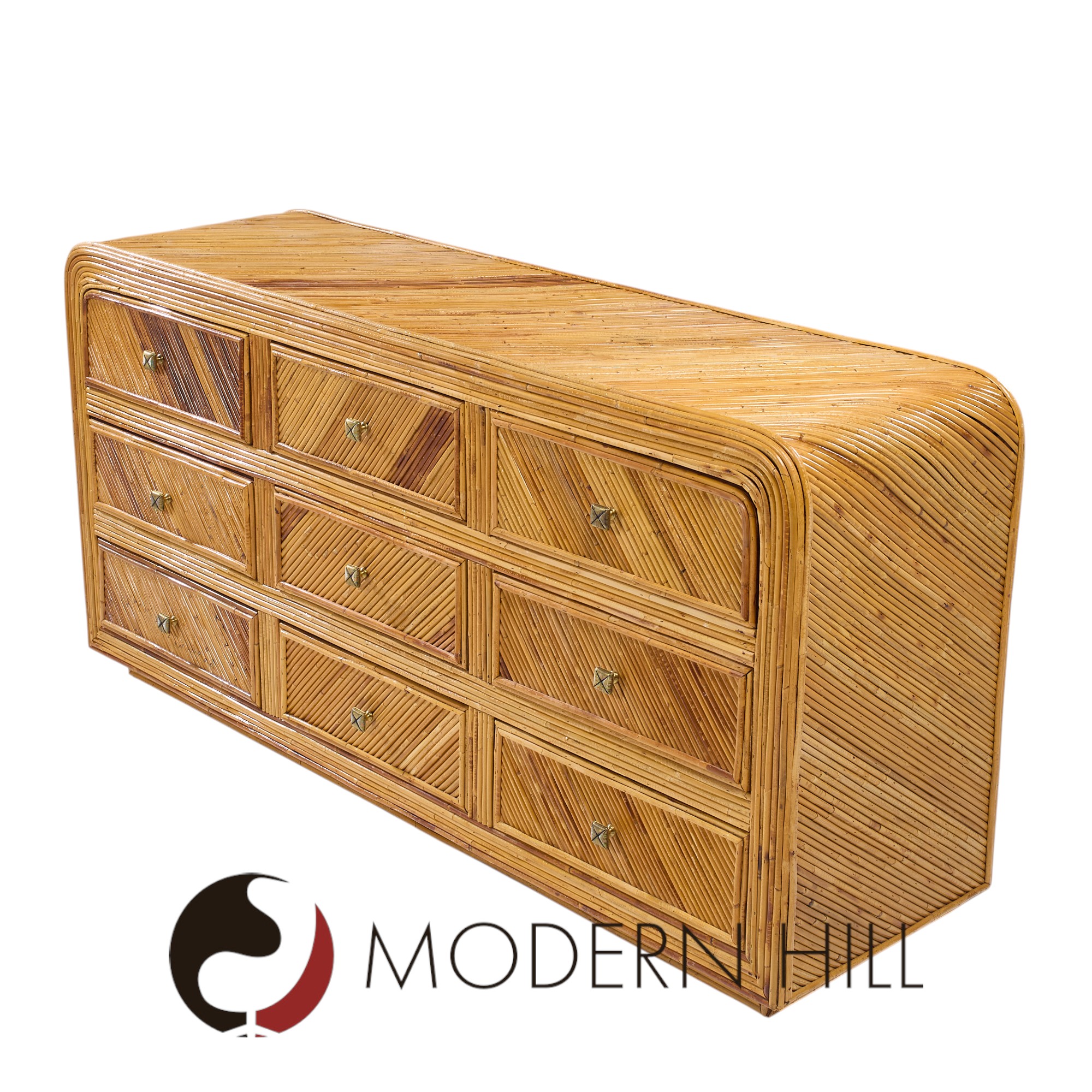 Gabriella Crespi Style Split Reed Bamboo 9 Drawer Lowboy Dresser