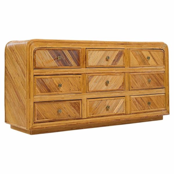 Gabriella Crespi Style Split Reed Bamboo 9 Drawer Lowboy Dresser