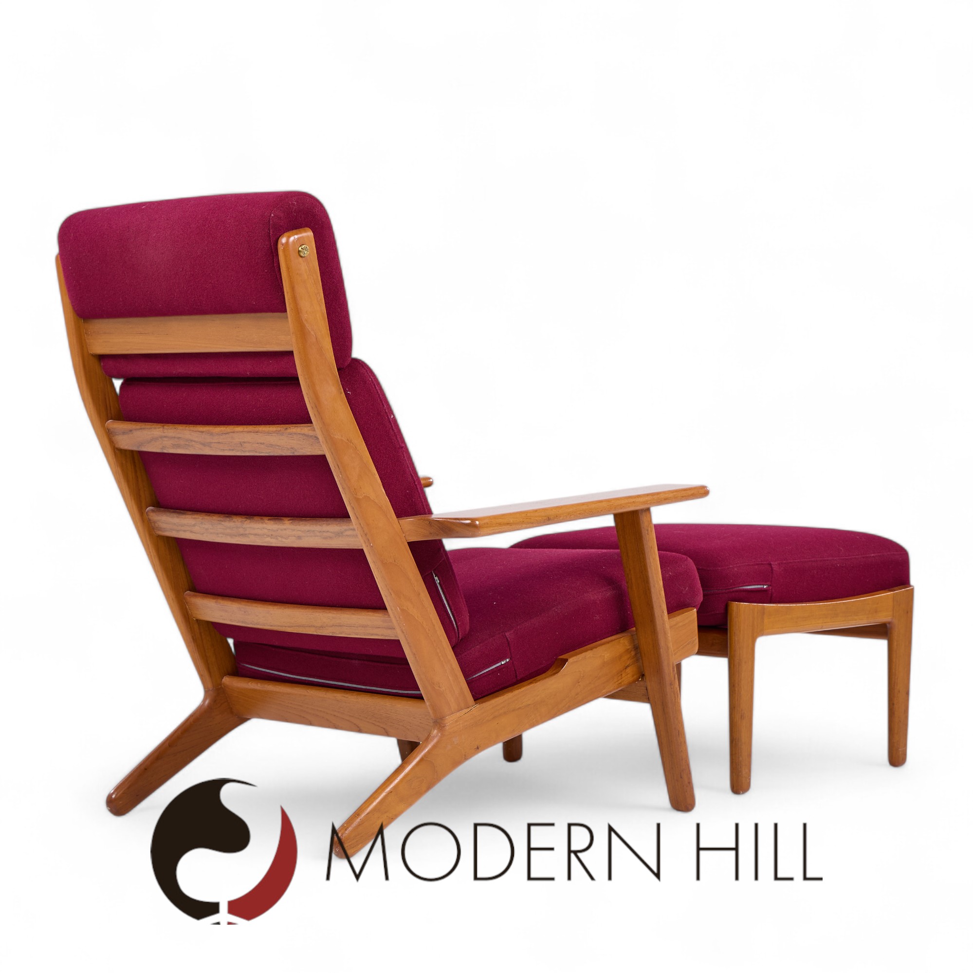 Hans Wegner for Getama Ge-290 Mid Century Danish Teak High Back Lounge Chairs - Pair with Ottoman