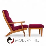 Hans Wegner for Getama Ge-290 Mid Century Danish Teak High Back Lounge Chairs - Pair with Ottoman