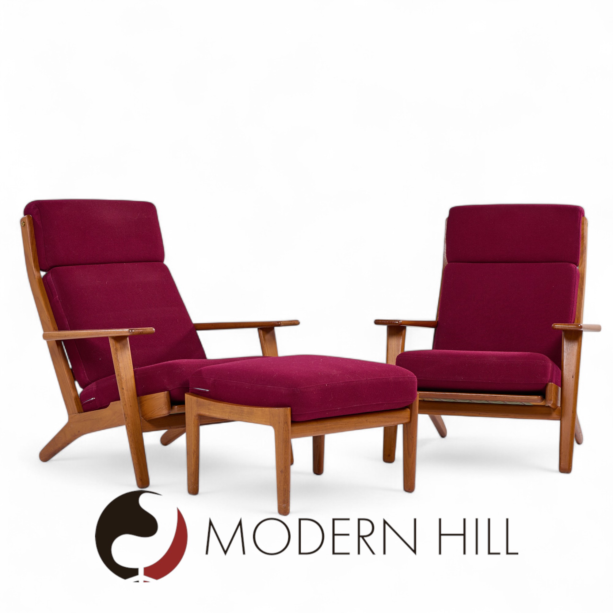 Hans Wegner for Getama Ge-290 Mid Century Danish Teak High Back Lounge Chairs - Pair with Ottoman