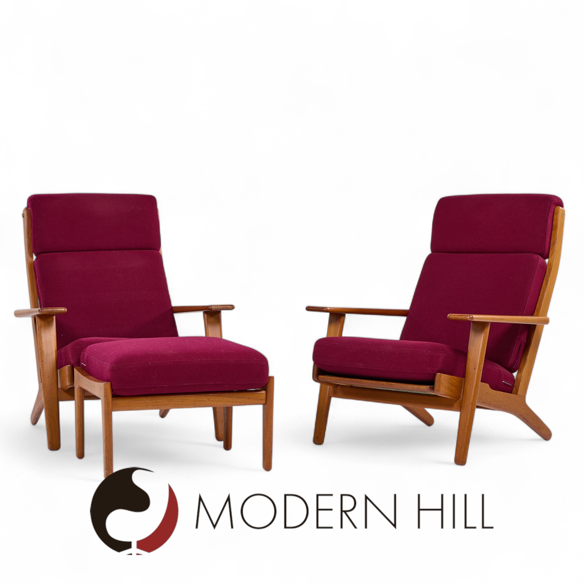 Hans Wegner for Getama Ge-290 Mid Century Danish Teak High Back Lounge Chairs - Pair with Ottoman