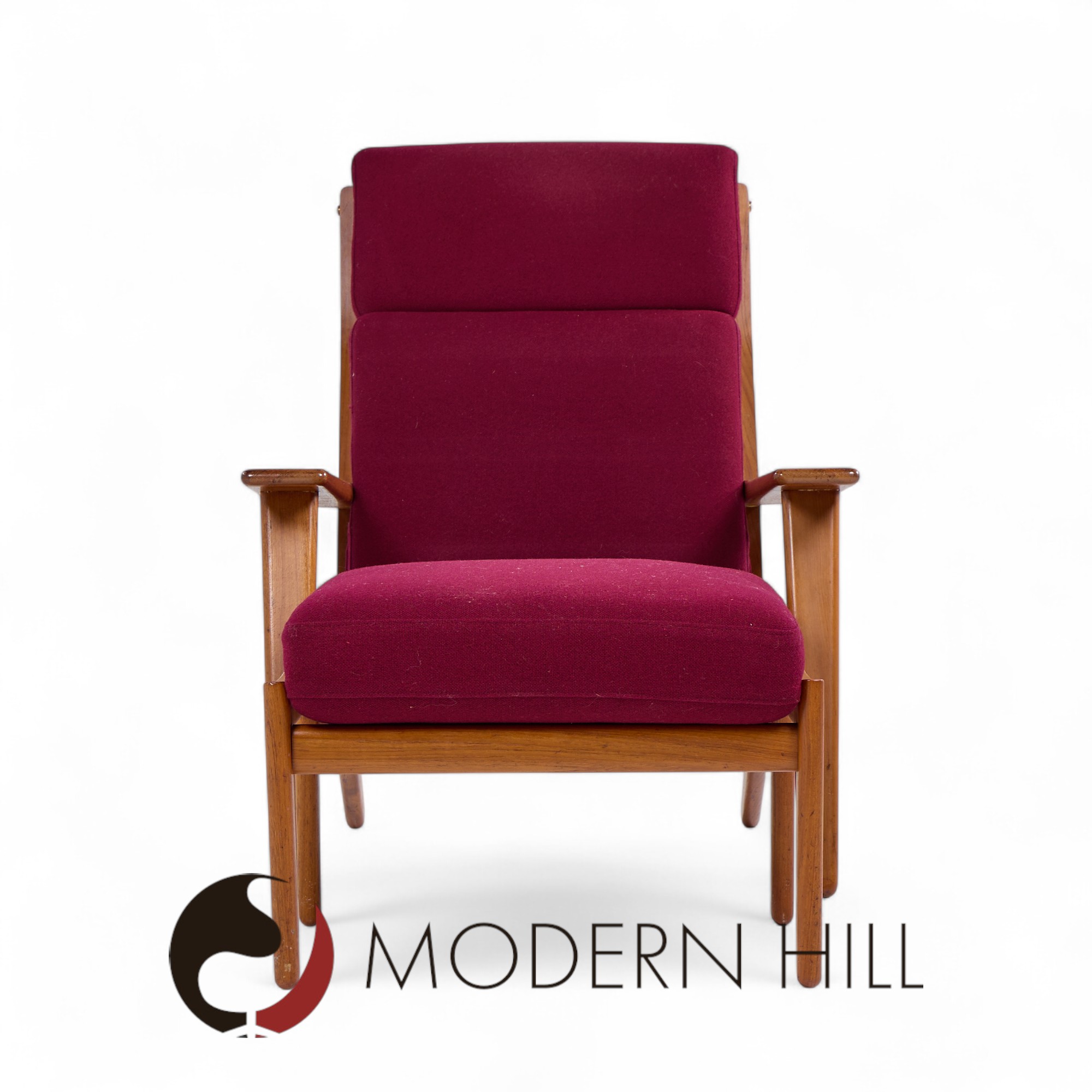 Hans Wegner for Getama Ge-290 Mid Century Danish Teak High Back Lounge Chairs - Pair with Ottoman