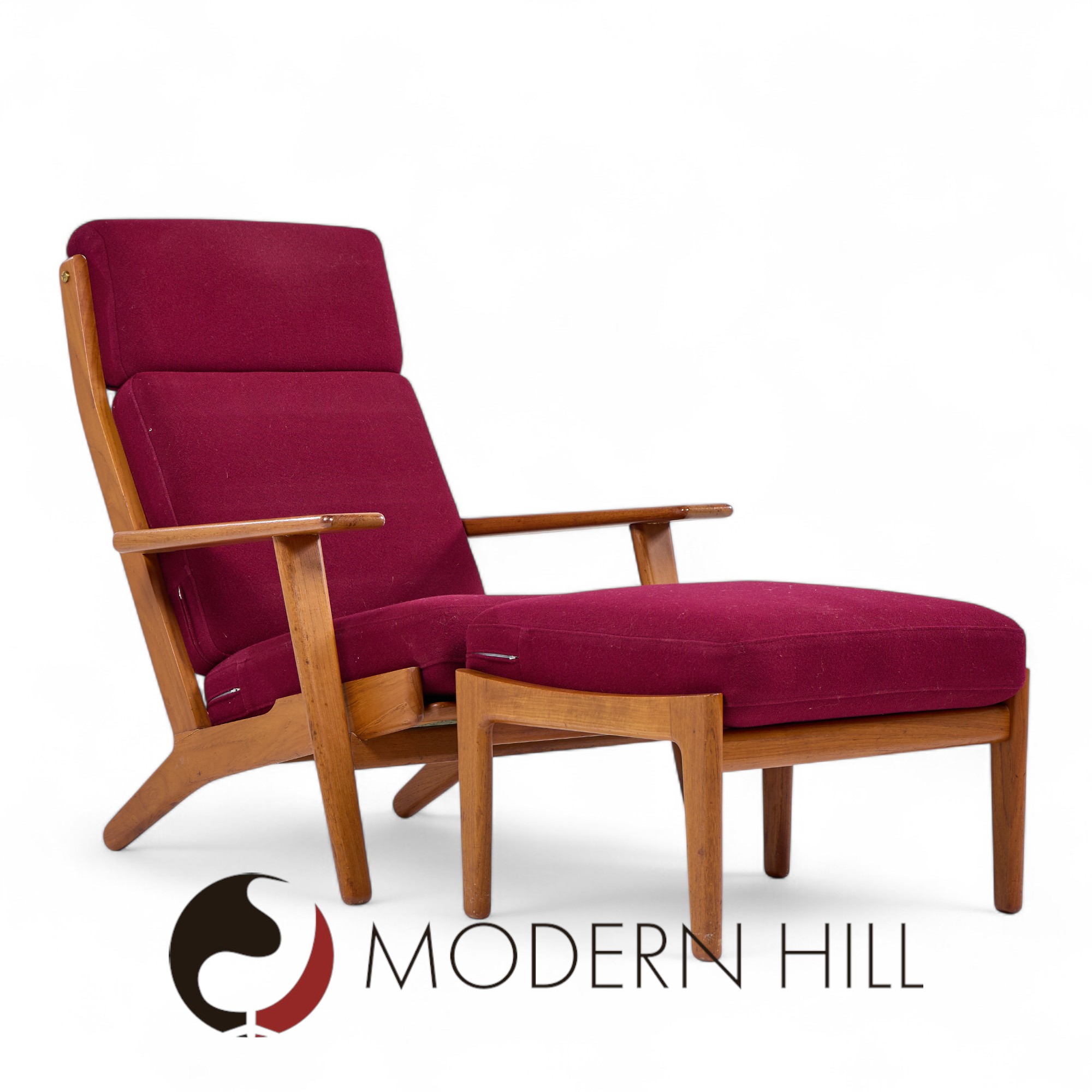 Hans Wegner for Getama Ge-290 Mid Century Danish Teak High Back Lounge Chairs - Pair with Ottoman